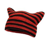 Caziffer Chapeau Rayé Tricoté pour Homme Femme, Chapeau Tricoté avec Oreilles de Chat, Chapeau Chaud pour Adulte Hiver (Rouge Noir, One Size)