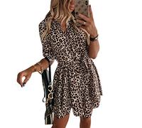 Caziffer Chemise Robe Femme Courte Robe Été à Manche Mi-Longue Robe Femme Chic et Elégante Col V Léopard pour Femme (Léopard, M)