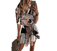 Caziffer Chemise Robe Femme Courte Robe Été à Manche Mi-Longue Robe Femme Chic et Elégante Col V Léopard pour Femme (Rose, M)