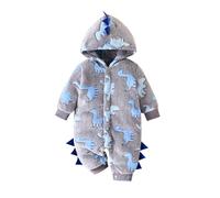 Caziffer Combinaison Bébé Garçon en Peluche Combinaison Dinosaure Épaisse à Capuche Combinaison avec Boutons pour Bébé Garçon 0-18 Mois (Gris, 0-3 Months)