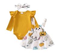 Caziffer Déguisement Halloween Bébé Fille Ensemble Bébé Fille Halloween 3Pcs Ensemble Déguisement Barboteuse + Jupe + Bandeau pour Bébé 0-24 Mois (Jaune Blanc, 0-3 Months)