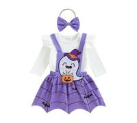 Caziffer Déguisement Halloween Bébé Fille Ensemble Bébé Fille Halloween 3Pcs Ensemble Déguisement Barboteuse + Jupe + Bandeau pour Bébé 0-24 Mois (Violet A, 6-12 Months)