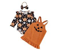 Caziffer Déguisement Halloween Bébé Fille Ensemble Bébé Fille Halloween 3Pcs Ensemble Déguisement Barboteuse + Jupe + Bandeau pour Bébé 0-24 Mois (Orange foncé, 12-18 Months)