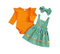 Caziffer Déguisement Halloween Bébé Fille Ensemble Bébé Fille Halloween 3Pcs Ensemble Déguisement Barboteuse + Jupe + Bandeau pour Bébé 0-24 Mois (Vert Orange, 12-18 Months)