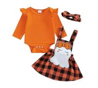 Caziffer Déguisement Halloween Bébé Fille Ensemble Bébé Fille Halloween 3Pcs Ensemble Déguisement Barboteuse + Jupe + Bandeau pour Bébé 0-24 Mois (Orange B, 12-18 Months)