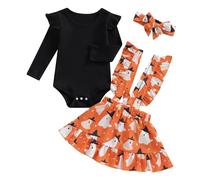 Caziffer Déguisement Halloween Bébé Fille Ensemble Bébé Fille Halloween 3Pcs Ensemble Déguisement Barboteuse + Jupe + Bandeau pour Bébé 0-24 Mois (Noir, 12-18 Months)