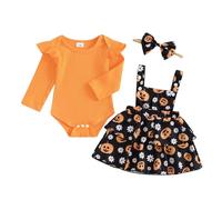 Caziffer Déguisement Halloween Bébé Fille Ensemble Bébé Fille Halloween 3Pcs Ensemble Déguisement Barboteuse + Jupe + Bandeau pour Bébé 0-24 Mois (Orange D, 9-12 Months)