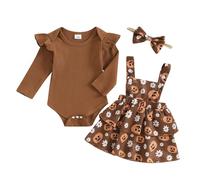 Caziffer Déguisement Halloween Bébé Fille Ensemble Bébé Fille Halloween 3Pcs Ensemble Déguisement Barboteuse + Jupe + Bandeau pour Bébé 0-24 Mois (Brun, 0-3 Months)