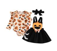 Caziffer Déguisement Halloween Bébé Fille Ensemble Bébé Fille Halloween 3Pcs Ensemble Déguisement Barboteuse + Jupe + Bandeau pour Bébé 0-24 Mois (Noir Orange, 3-6 Months)