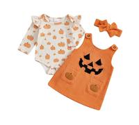 Caziffer Déguisement Halloween Bébé Fille Ensemble Bébé Fille Halloween 3Pcs Ensemble Déguisement Barboteuse + Jupe + Bandeau pour Bébé 0-24 Mois (Orange F, 3-6 Months)