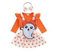 Caziffer Déguisement Halloween Bébé Fille Ensemble Bébé Fille Halloween 3Pcs Ensemble Déguisement Barboteuse + Jupe + Bandeau pour Bébé 0-24 Mois (Orange A, 6-12 Months)