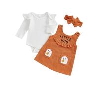 Caziffer Déguisement Halloween Bébé Fille Ensemble Bébé Fille Halloween 3Pcs Ensemble Déguisement Barboteuse + Jupe + Bandeau pour Bébé 0-24 Mois (Orange Blanc, 3-6 Months)