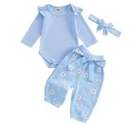 Caziffer Ensemble Bébé Fille 3 Pièces Ensemble Imprimé Barboteuse + Pantalon + Bandeau Tenue Chic à Manches Longues pour Bébé Fille 0-18 Mois Automne Primtemps (Bleu, 3-6 Months)