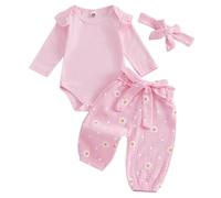 Caziffer Ensemble Bébé Fille 3 Pièces Ensemble Imprimé Barboteuse + Pantalon + Bandeau Tenue Chic à Manches Longues pour Bébé Fille 0-18 Mois Automne Primtemps (Rose C, 3-6 Months)