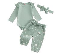 Caziffer Ensemble Bébé Fille 3 Pièces Ensemble Imprimé Barboteuse + Pantalon + Bandeau Tenue Chic à Manches Longues pour Bébé Fille 0-18 Mois Automne Primtemps (Vert, 12-18 Months)