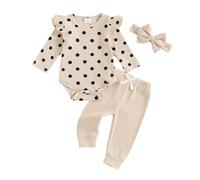 Caziffer Ensemble Bébé Fille 3 Pièces Ensemble Imprimé Barboteuse + Pantalon + Bandeau Tenue Chic à Manches Longues pour Bébé Fille 0-18 Mois Automne Primtemps (Kaki B, 0-3 Months)