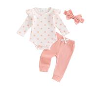 Caziffer Ensemble Bébé Fille 3 Pièces Ensemble Imprimé Barboteuse + Pantalon + Bandeau Tenue Chic à Manches Longues pour Bébé Fille 0-18 Mois Automne Primtemps (Rose D, 12-18 Months)
