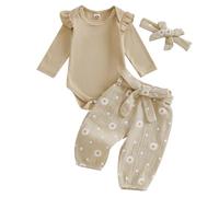 Caziffer Ensemble Bébé Fille 3 Pièces Ensemble Imprimé Barboteuse + Pantalon + Bandeau Tenue Chic à Manches Longues pour Bébé Fille 0-18 Mois Automne Primtemps (Kaki A, 0-3 Months)