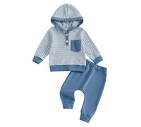 Caziffer Ensemble Bébé Garçon 2 Pièces Tenue Bébé Sweat à Capuche Manche Longue + Pantalon à Taille Élastique Vêtement Naissance pour Petit Garçon 3 Mois-3 Ans (Bleu, 12-18 Months)
