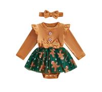 Caziffer Ensemble Noël Bébé Fille Tenue Noël 2 Pièces en Velours Côtelé Robe Barboteuse + Bandeau Déguisement Noel pour Nouveau-né Fille 0-18 Mois (Kaki, 6-12 Months)