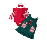 Caziffer Ensemble Noël Bébé Fille Tenue Noel Bébé 3 Pièces Barboteuse + Robe sans Manche + Bandeau Déguisement Noël pour Nouveau-né Filles 0-18 Mois (Rouge, 12-18 Months)