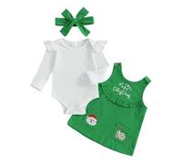 Caziffer Ensemble Noël Bébé Fille Tenue Noel Bébé 3 Pièces Barboteuse + Robe sans Manche + Bandeau Déguisement Noël pour Nouveau-né Filles 0-18 Mois (Vert Blanc, 0-3 Months)
