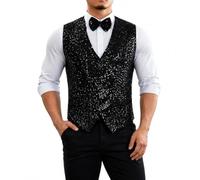 Caziffer Gilet Costume Homme à Sequins Blazer Col en V Boutonné Nœud Papillon (Noir, M)
