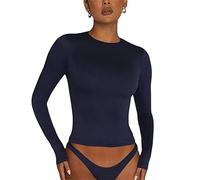Caziffer Haut Femme à Manches Longues Tee Shirt Femme Col Rond Blouse Chic à Couleur Unie pour Femme Automne Printemps (Bleu Foncé, M)