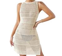 Caziffer Kimono Femme Plage Tricoté Couleur Unie Cache Maillot de Bain Sexy Hollow Out Paréo sans Manche Col Rond pour Femme Été Plage (Beige, L)