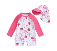 Caziffer Maillot Une Pièce Bébé Fille avec Chapeau Maillots Imprimés à Manches Longues Maillots de Bain Zippé Été Anti UV pour Bébé Fille 0-5 Ans (Rose Rouge A, 6-12 Months)