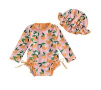 Caziffer Maillot Une Pièce Bébé Fille Imprimé Fleurs Maillots de Bain à Manche Longue Vêtement de Plage Bébé Swimwear pour Bébé Fille 0-7 Ans (Rose Orange, 3-6 Months)
