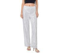 Caziffer Pantalon Femme Droit Avec Sequins, Décontracté à Couleur Unie, Chic Taille Haute (Argenté, L)