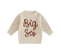 Caziffer Pull Tricoté Bébé Enfant Fille Pull Épais à Manches Longues Pull Brodé à Couleur Unie pour Big/Lil Sis Automne Printemps Hiver (Beige Abricot A, 5-6 Ans)