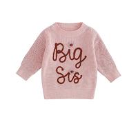 Caziffer Pull Tricoté Bébé Enfant Fille Pull Épais à Manches Longues Pull Brodé à Couleur Unie pour Big/Lil Sis Automne Printemps Hiver (Rose A, 4-5 Ans)