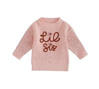 Caziffer Pull Tricoté Bébé Enfant Fille Pull Épais à Manches Longues Pull Brodé à Couleur Unie pour Big/Lil Sis Automne Printemps Hiver (Rose, 6-12 Mois)