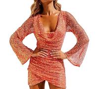 Caziffer Robe Courte à Manches Longues Robe Femme Chic avec Sequins Robe Sexy Col V pour Femme Été (Orange, M)