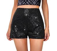 Caziffer Short Femme Brillant Taille Mi-Haute à Couleur Unie Short avec Sequins à Taille Élastique pour Femme (Noir, S)