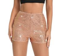Caziffer Short Femme Brillant Taille Mi-Haute à Couleur Unie Short avec Sequins à Taille Élastique pour Femme (Champagne, S)