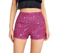 Caziffer Short Femme Brillant Taille Mi-Haute à Couleur Unie Short avec Sequins à Taille Élastique pour Femme (Rose Rouge, M)