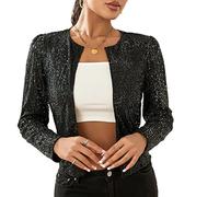 Caziffer Veste Femme Courte avec Sequins Cardigan Chic Col Rond à Couleur Unie Cardigan Femme à Manches Longues (Noir, XL)