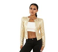 Caziffer Veste Femme Courte avec Sequins Cardigan Chic Col Rond à Couleur Unie Cardigan Femme à Manches Longues (Or, M)