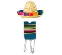 Cazqgoy 1 petit bonnet de sombrero mexicain et 1 poncho serapes pour bouteilles, couverture poncho à bière colorée, petit chapeau sombrero, mini poncho pour bouteilles, bleu, L