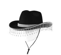 Cazqgoy Chapeau de cowboy avec strass et franges pour mariée, cowgirl, paillettes, chapeau de cowboy, Noir , Taille unique