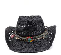Cazqgoy Chapeau de cowboy chapeau de cowgirl occidental pour femmes hommes chapeau de paille chapeau western chapeau brésilien bohémien panama chapeaux d'été chapeau de soleil chapeau de plage, Noir ,