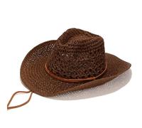 Cazqgoy Chapeau de cowboy en paille Protection solaire Large bord Chapeau de cowgirl Chapeau de cowgirl respirant Chapeau occidental pour l'été Plage Vacances, marron, Einheitsgröße-L