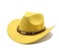 Cazqgoy Chapeau de cowboy pour femmes et hommes - Chapeau de cowgirl - Chapeau en feutre - Bord large avec bande en cuir - Chapeau jazz, jaune, L