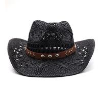 Cazqgoy Chapeau de cowboy unisexe en paille - Chapeau de soleil Hollow Out - Large bord - Chapeau de cowboy vintage Western Straw - Chapeau de cowboy, Noir , L