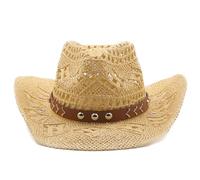 Cazqgoy Chapeau de cowboy unisexe en paille - Chapeau de soleil Hollow Out - Large bord - Chapeau de cowboy vintage Western Straw - Chapeau de cowboy, camel, L