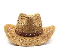 Cazqgoy Chapeau de Cowboy Unisexe en Paille - Western Vintage Hollow Out à Large Bord avec Protection Soleil