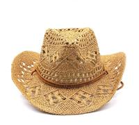Cazqgoy Chapeau de cowboy vintage Western Straw - Chapeau de cowboy pour femme avec paille respirante avec sangle de menton - Large protection solaire, Couleur kaki, L